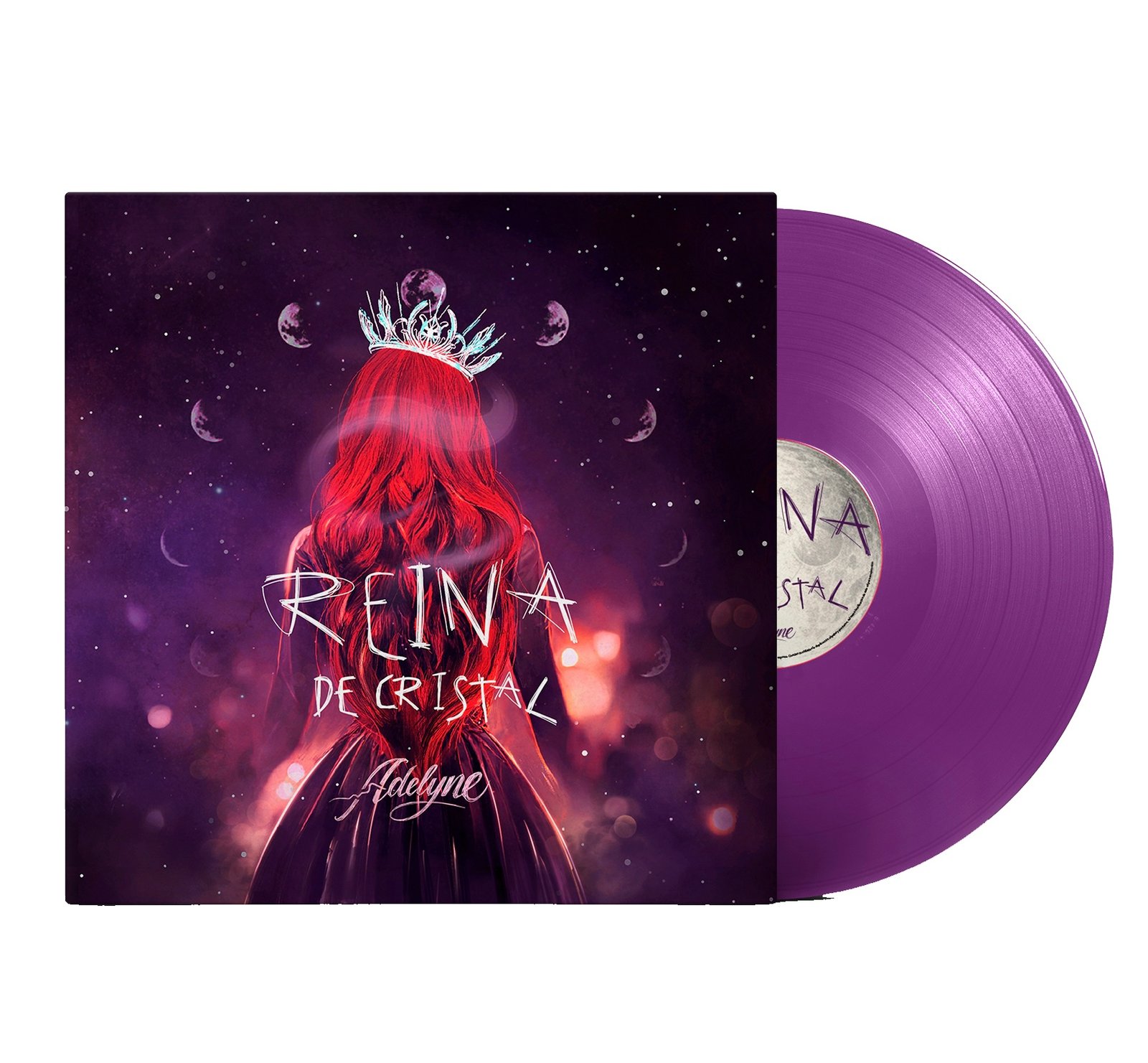 Portada Reina de Cristal y disco de vinilo morado vistos de frente